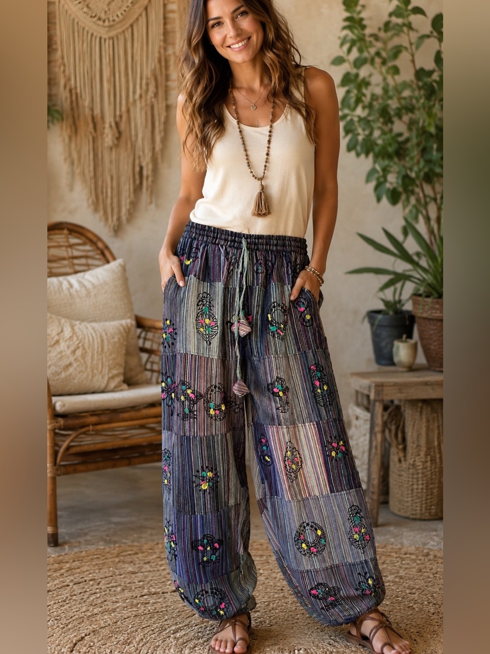 Boho Patchwork Wide-Leg Colorful Striped Harem Pants Cotton Folk Print Size L/XL - Picture 15 of 16